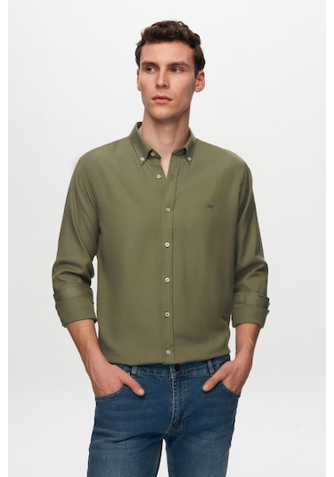 Ds Damat Slim Fit Haki Oxford Düğmeli Yaka Kolay Ütülenebilir Nakış Detaylı Pamuklu Gömlek 4hc02ort03265 H01