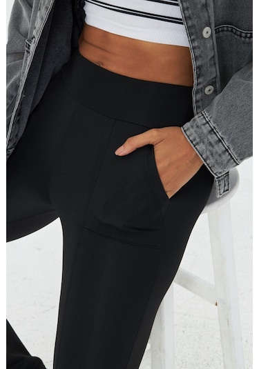 Lesa Wear Kadın Siyah Yüksek Bel Toparlayıcı Çift Cepli İspanyol Paça Tayt Bootcut Siyah
