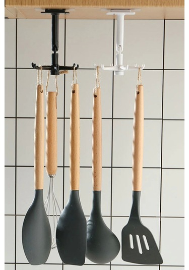 360 Dönen Altı Kancalı Çok Amaçlı Yapışkanlı Askı Mutfak Banyo Takı Askısı - 4 Adet Beyaz