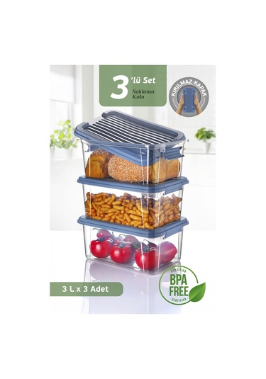 3'lü Set 3l Kilit Kapaklı Erzak Saklama Kabı Difriz Buzdolabı Düzenleyici Un Bakliyat Saklama Kutusu Mavi