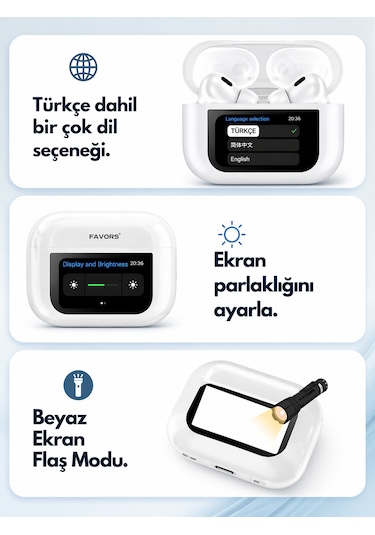 Akıllı Ekranlı Bluetooth Kulaklık Dokunmatik Ekranlı Şarj Kutusu Beyaz