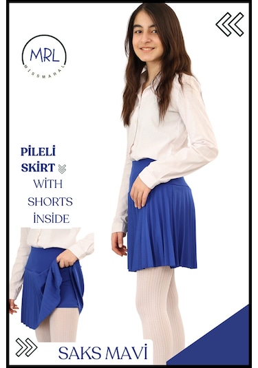 Kız Çocuk Mavi Pileli Etek Yüksek Bel Içi Şortlu Dalgıç Kumaş Okul-oyun-spor- Etkinlik 4103 Mavi