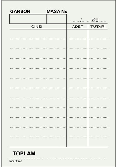 İnciofset Kafe Çay Kahve Sipariş Fişi A7 Tek Nüsha 500 Cilt