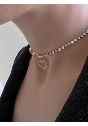 Tek Sıralı Kalp Figürlü Kristal Taşlı Choker Tasma Silver Gold Kolye Altın