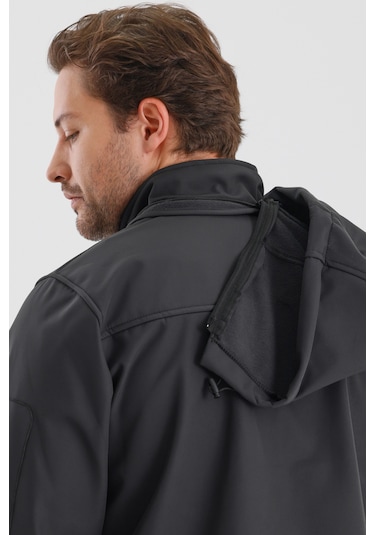 Çıkartılabilen Fermuarlı Kapüşon Cepli İçi Polarlı Su Geçirmez Softshell Erkek Mont Gri Gri