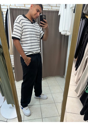 Tuba Toptaş Çizgili Yakalı Triko Tshirt Beyaz