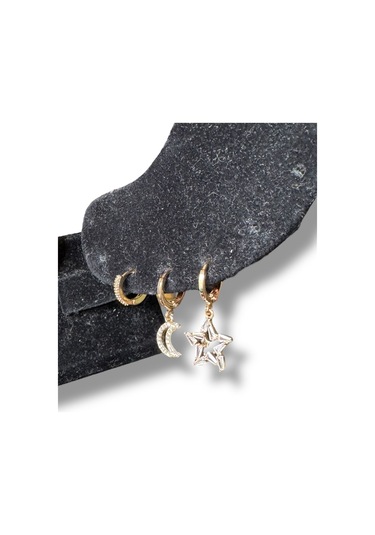 Ay Yıldız Üçlü Sallantılı Çelik Küpe Sarı