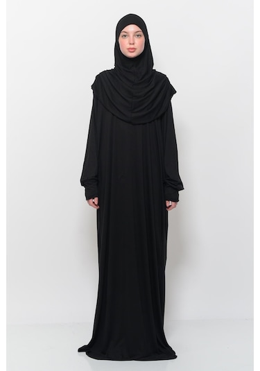 Pratik Tek Parça Pamuklu Yarasa Kollu Tak Çıkar Başörtülü Tesettür Namaz Elbisesi Siyah Çok Renkli