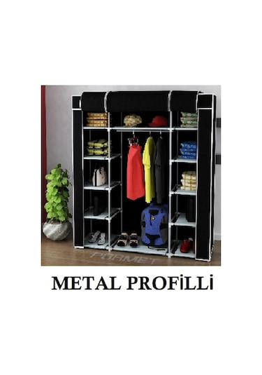 Beyazpazar Metal Profilli Bez Dolap 12 Raflı+Askılıklı Bez Dolap Siyah