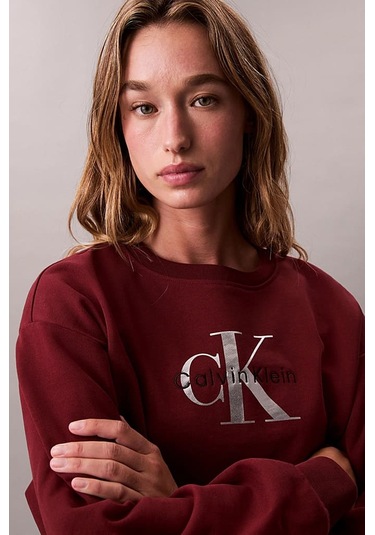 Kadın Monologo Relaxed Fit Büyük Logo Baskılı Sweatshirt - Bordo Renaissance Red