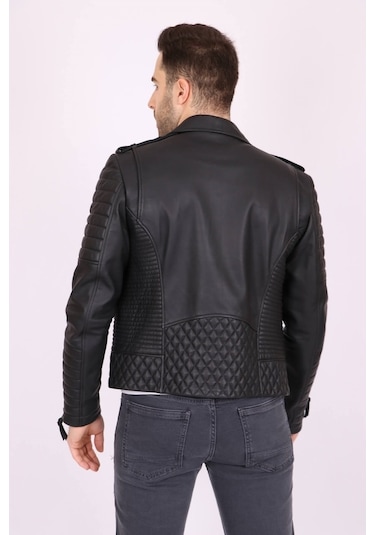 Erkek Siyah Hakiki Deri Yakalı Baklava Desenli Apoletli Spor Mont