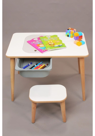 Çocuk Oyun Etkinlik Çalışma Masası Sepetli Ahşap Mdf Masa Takımı Beyaz-gri Beyaz - Gri