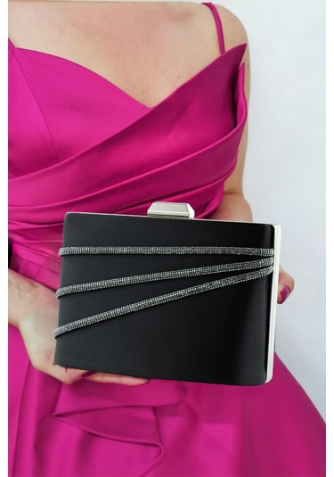 Erkan Saçmacı Siyah Saten Taşlı Gümüş Metal Saplı Zincir Askılı Abiye Çanta Siyah