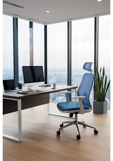 Ofisbazaar Dali Beyaz Fileli Yönetici Koltuğu Ergonomik Başlıklı Ofis Koltuğu Açık Mavi Mavi