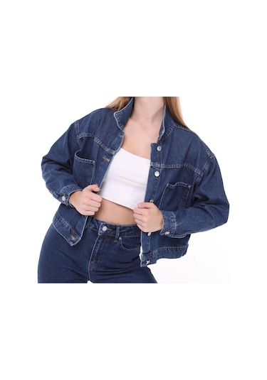 7007-dgml Kadın Düğmeli Jeans Denim Kot Ceket Mavi