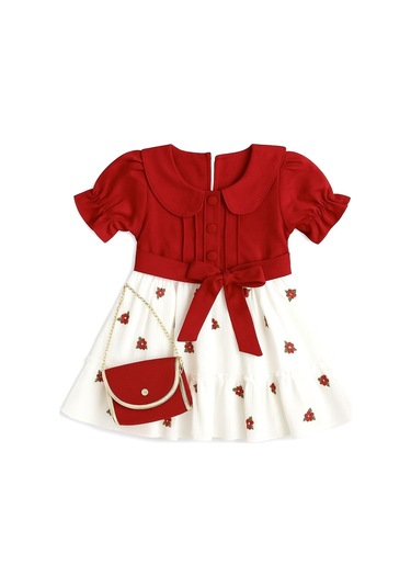 Çantalı Çiçekli Kız Çocuk Elbise Kırmızı