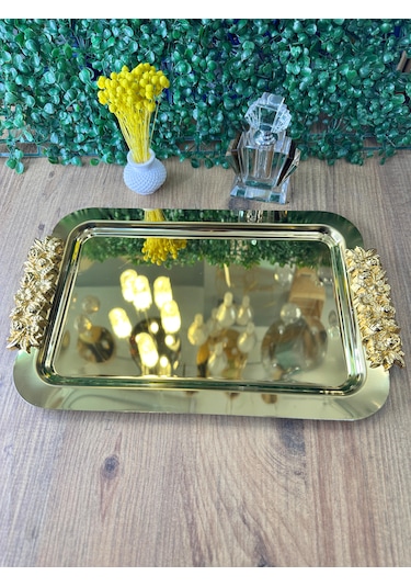 Diperla Kahve Çay Sunum Dikdörtgen Büyük Sunum Tepsisi Gold 30cm