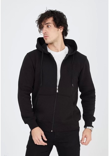 Unisex Tam Fermuarlı Kapşonlu Sweatshirt - Siyah Siyah