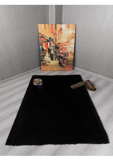 Dekoratif Tavşan Tüyü Ultra Yumuşak Peluş Kaymaz Halı Yolluk Siyah