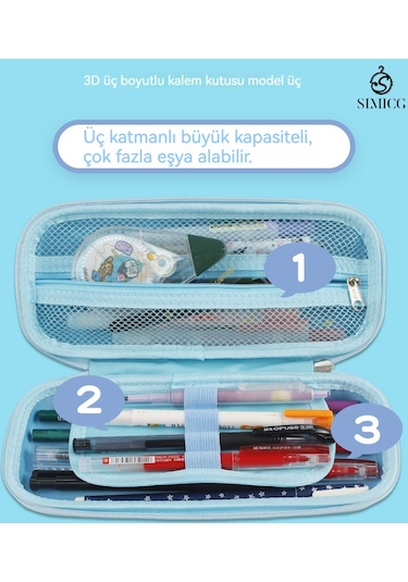 Büyük Kapasiteli İlkokul Ve Ortaokul Çok Katmanlı Çizgi Film Kalem Kutusu MAvi