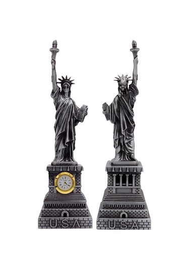 Metal Saatli Özgürlük Heykeli Gümüş Vintage Dekor Usa 25cm