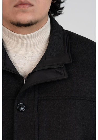 Yakalı Klasik Kesim Fermuarlı Kaşe Erkek Kaban Antrasit