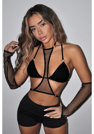 Merry See 3 Parçalı Eldiven Sütyen Crop Takım Siyah