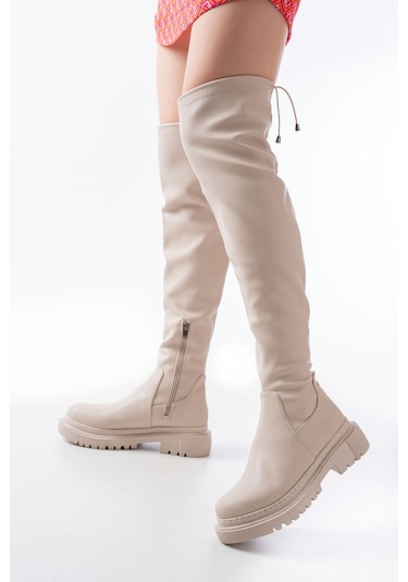 812-2194 Bej Fermuarlı Diz Üstü Bağcıklı Çorap Günlük Kadın Çizme Resimdeki Renk