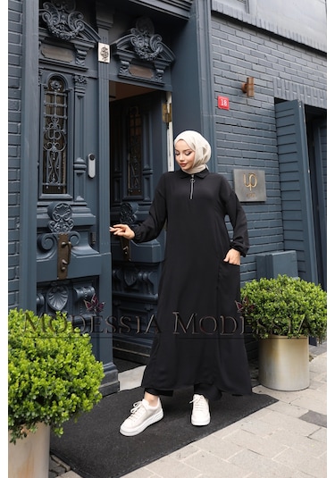 Kadın Siyah Aerobin Uzun Önü Yarım Fermuarlı İkili Takım T1215 Siyah