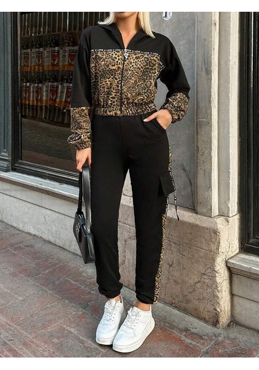 S-pazarım Kadın Uzun Kollu Kapşonlu Leopar Desenli Viskon Iki Iplik Bluz Ve Pantolon Ikili Takım Siyah
