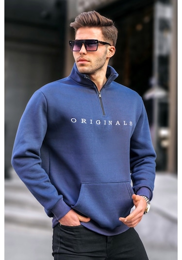 Madmext Lacivert Fermuar Yaka Nakışlı Sweatshirt 6028 Lacivert
