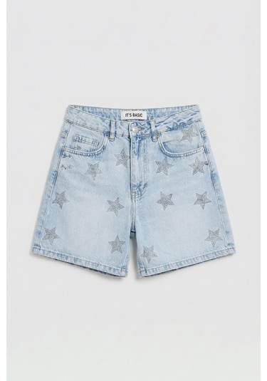 Itsbasic Kadın Kot Rengi T-4s6-3 Mom Fit Midi Boy Parlak Yıldız Taşlı Özel Tasarım Denim Şort Kot Renk