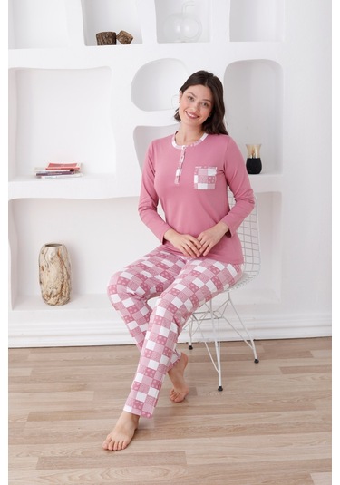Ekoseli Kadın Pijama Takımı - 3 Düğmeli Uzun Kollu Likralı Penye Cepli Alt Gül Kurusu