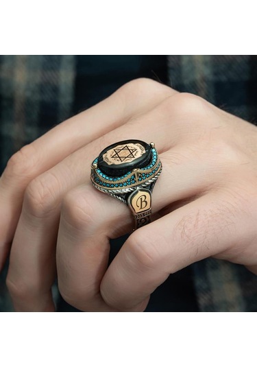 Alyans Evim  Mührü  Süleyman İşleme Sıkma Kehribar Taşlı 925 Gümüş Erkek Yüzük