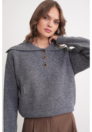 6900 Kadın Düğmeli Devrik Yaka Triko Kazak Antrasit Antrasit