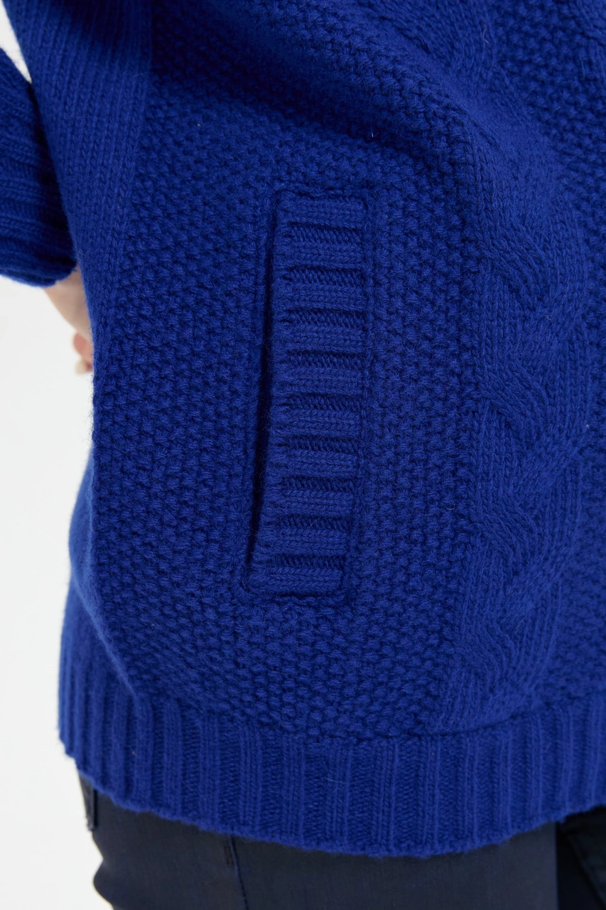 Kadın Dik Yaka Dikişsiz Önü Saç Örgülü Yün Hırka K.s.mavi K.s.mavi