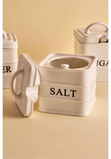 Bianca 3'lü Beyaz Kulplu Porselen Kare Baharatlık Takımı Beyaz Beyaz