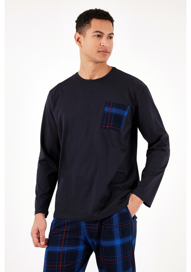 Buratti Ekoseli Cepli Beli Lastikli % 100 Pamuk Regular Fit Erkek Pijama Takımı 6572001 Lacivert-Saks