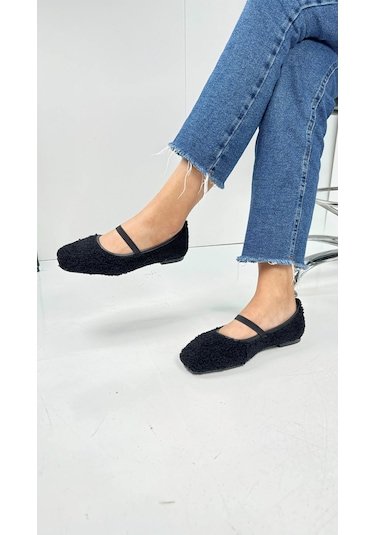 Günlük Kadın Babet Peluş Lastikli Oval Burunlu Alçak Topuklu Tırtıklı Tabanlı Ayakkabı 369 Siyah