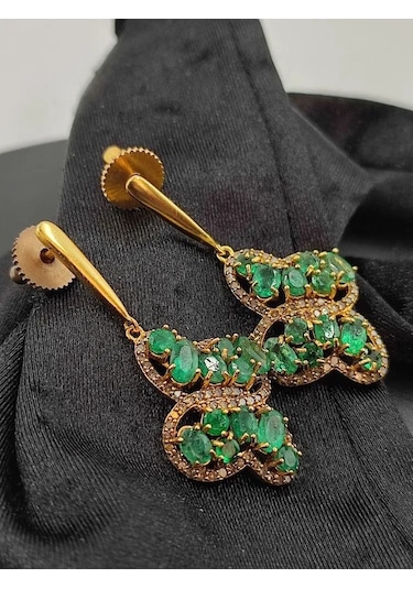 925 Ayar Gümüş Zümrüt Elmas Küpe 254 Altın