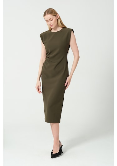 Arka Yırtmaç Detaylı Bel Büzgülü Elbise Haki