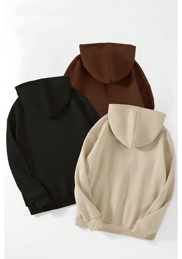 3'lu Paket Baskılı Oversize Sweatshirt Bej