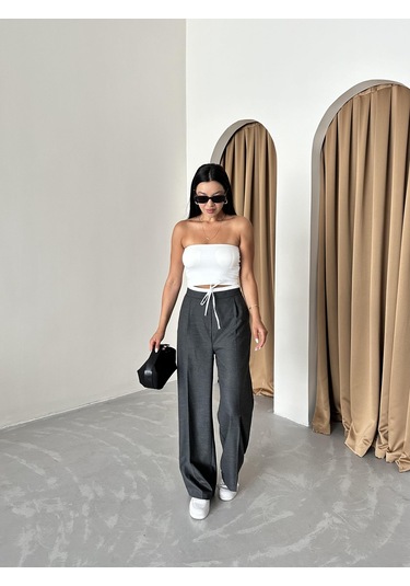 Antrasit Bel Bantı Detaylı Yan Fermuarlı Pantolon Antrasit