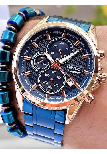Ferrucci Lacivert Rose Gold Renk Çelik Kordon Fonksiyonlar Aktif Erkek Kol Saati + Bileklik Hediyeli Nda969