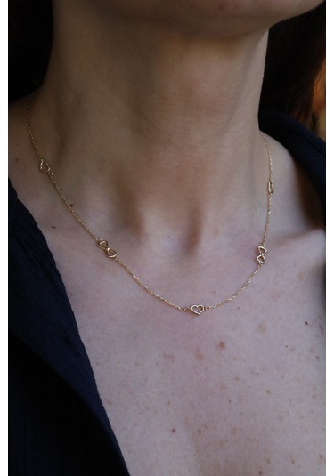 14 Ayar Altın Sıralı Kalp Ve Kurdeleli Kolye Sarı Altın