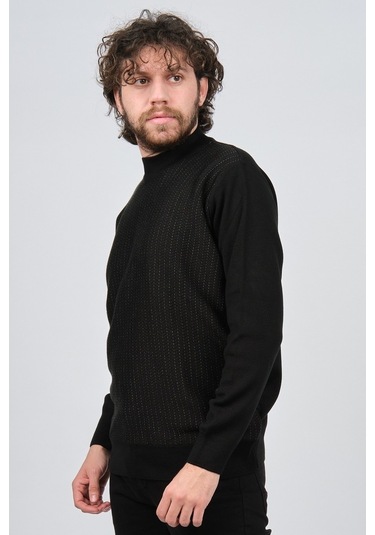 Çizgi Triko Erkek Yarım Balıkçı Çizgi Desenli Kazak 42564234 Siya Siyah