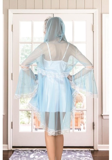 Sistina Kadın Beyaz Turkuaz Sabahlık Tül Saten Gecelik Takım 1478 Beyaz