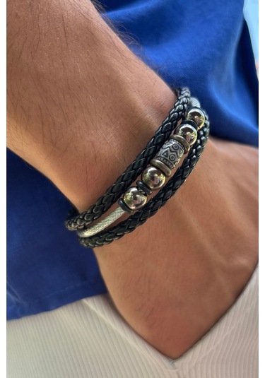 Siyah Örgülü El İşçiliği İle Üretilmiş Hakiki Deri Erkek Bileklik Siyah - Gri