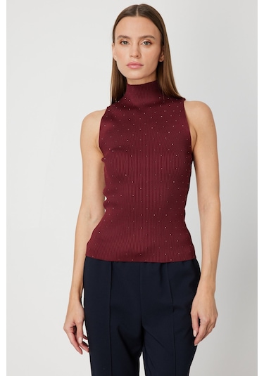 On Kadın Taşlı Kolsuz Triko Bluz 66375 Bordo Bordo