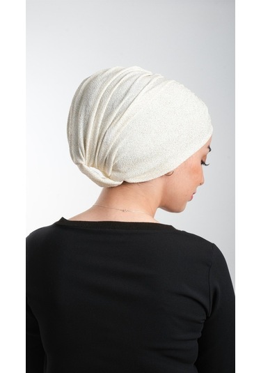 Krem Pratik Hazır Geçmeli Tesettür Bone Fukuro Simli Büzgülü 2116 Krem